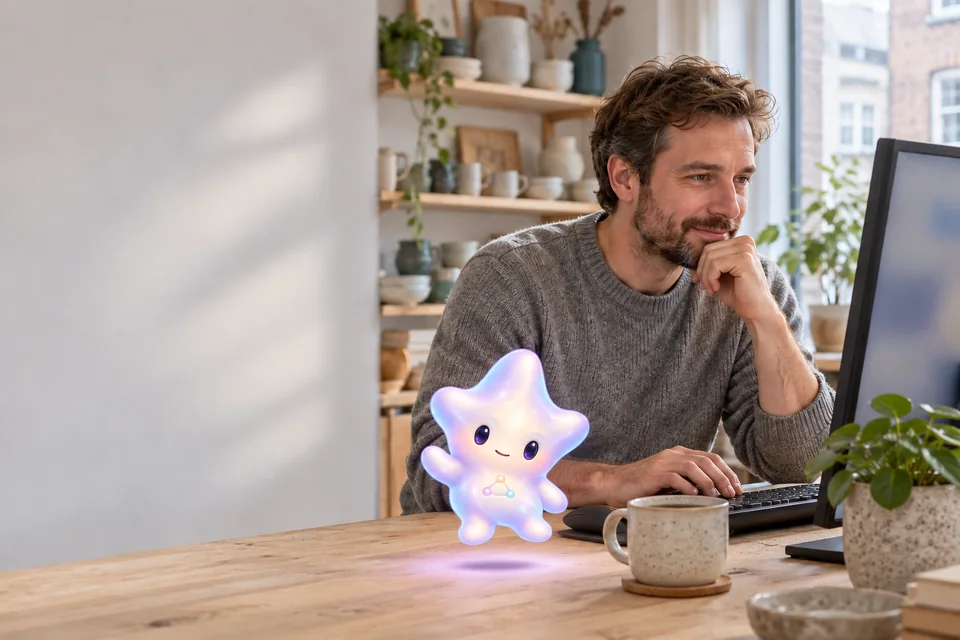 A customer-care agent reads a customer’s earlier conversation before writing his own reply, with the Lumy that supports customer care, Aura, beside his keyboard.